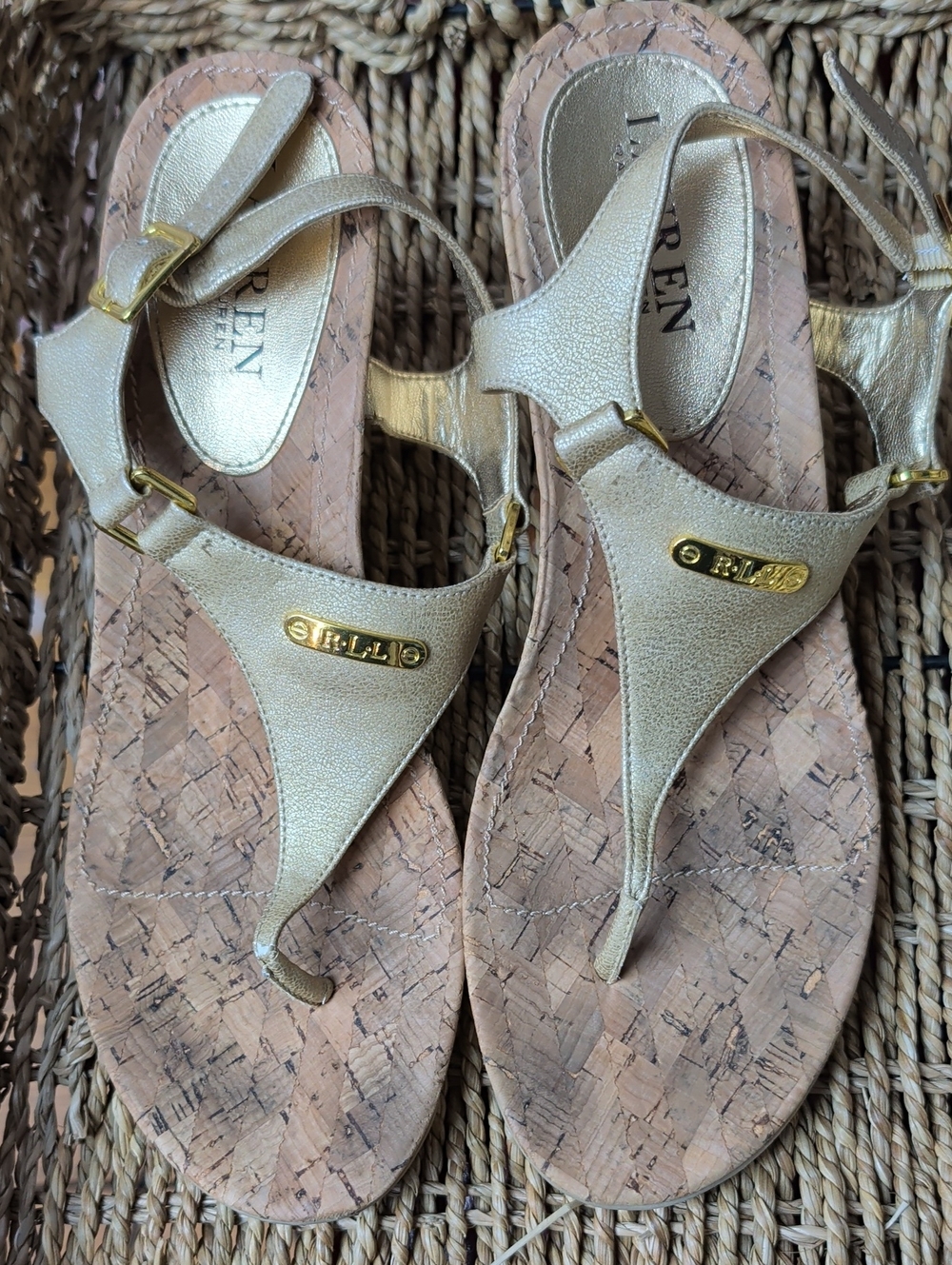 Ralph Lauren Gold Metallic Cork Thong Sandals Sz 8.5